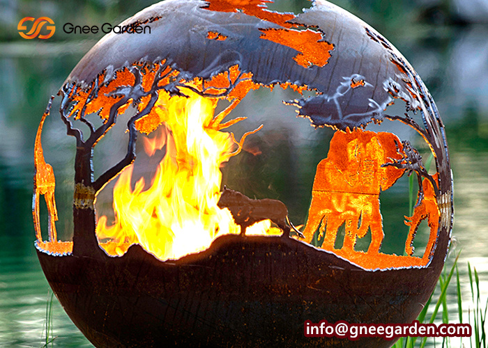 Log Burning Firepit Fire Ball Sphere Fire Pit Rusted Metal