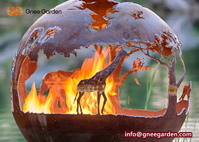 Decoration West Laser Cut Corten Steel Fire Ball Fire Pit Outdoor Sphere