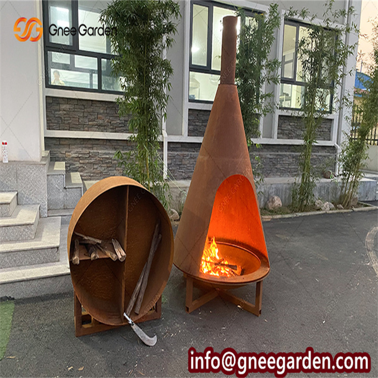 Custom Large Corten Steel Firepit Chiminea Outdoor Fireplace With Chimney