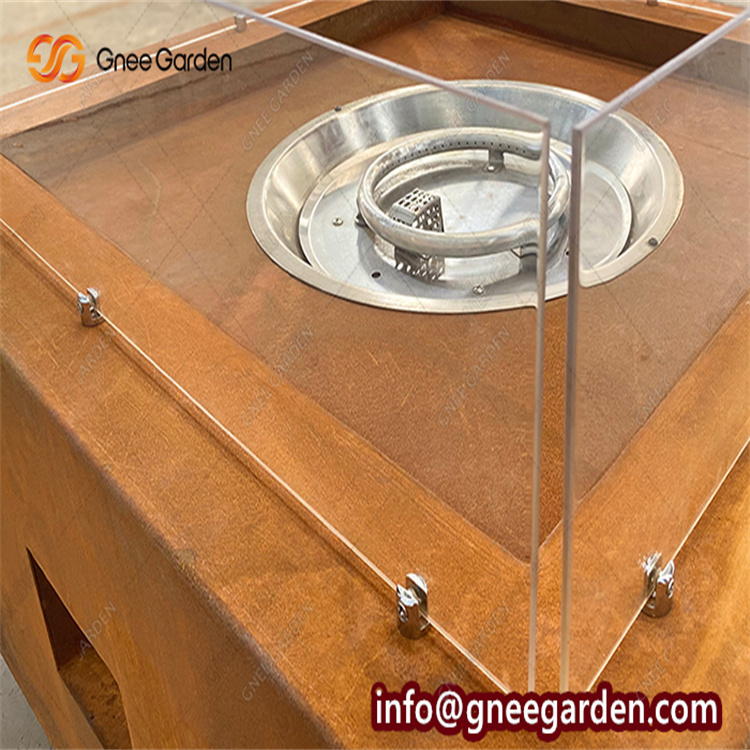 Rectangle Corten Steel Gas Fire Pit With Glass For Enjoy Life Gas Grill Garden