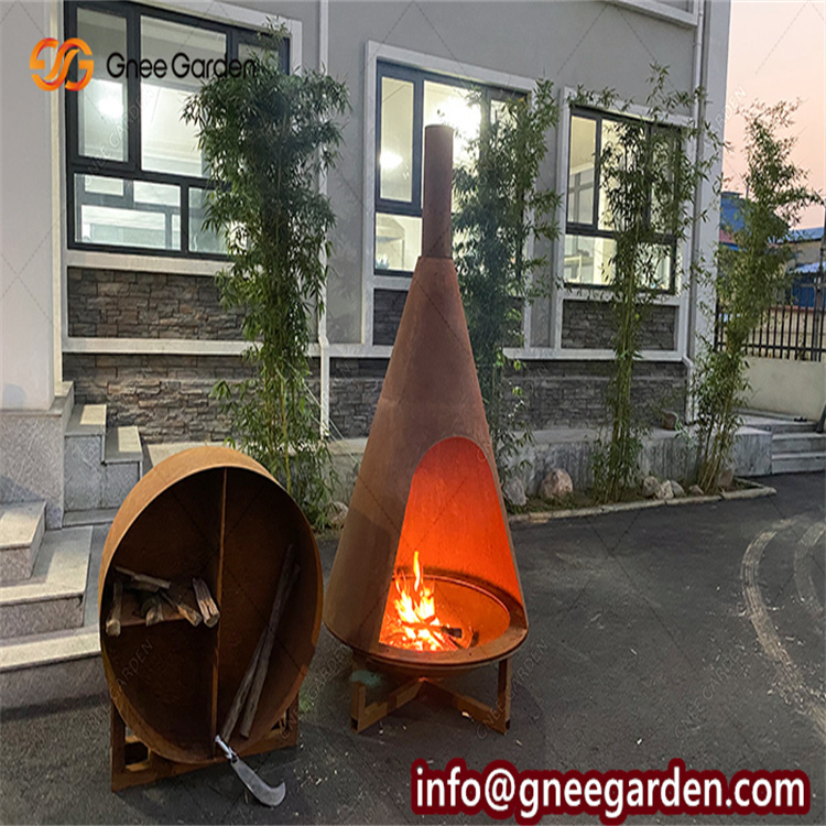 Outdoor Garden Metal Conical Readymade Double Sided Corten Steel Wood Burning Fireplace