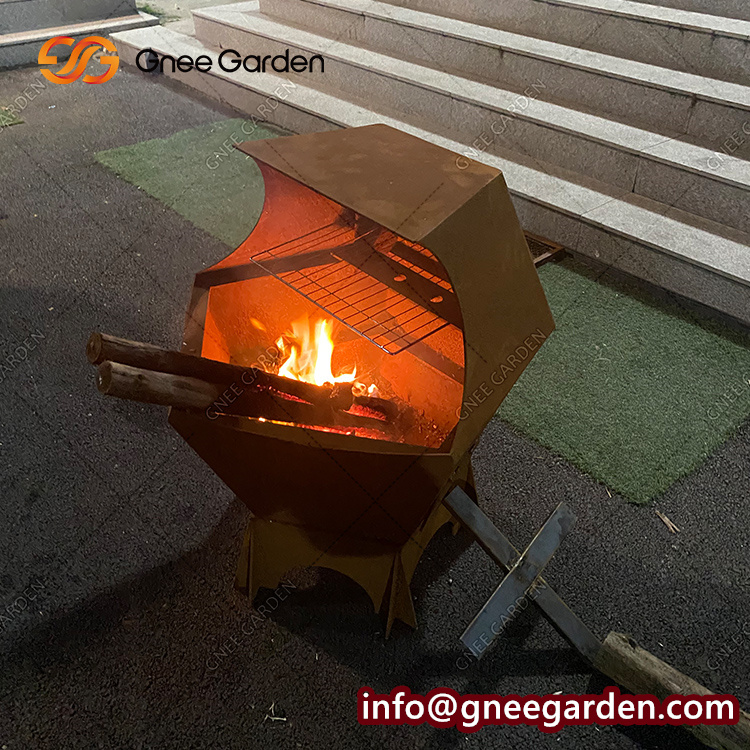 Outdoor Garden Type Large Rusty Surface Bbq Pit Corten Metal Burn Pit With Barbecue Grill