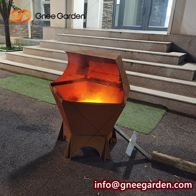 Corten Steel Classic Ring BBQ Fire Pit With Log Store For Garden Outdoor Use