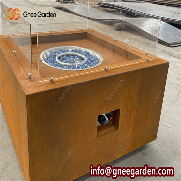 Table Gas Firepit Square Corten Steel Tabletop Outdoor Fire Pit