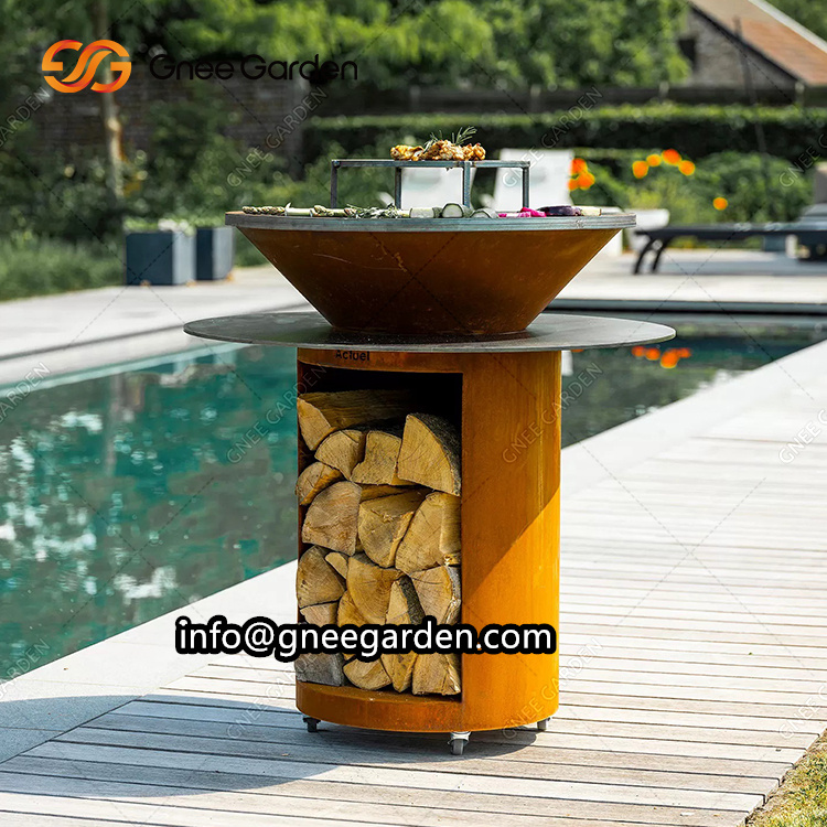 Charcoal Wood Bbq Grill Mobile Outdoor Kitchen Corten Steel Metal Barbecue Grill