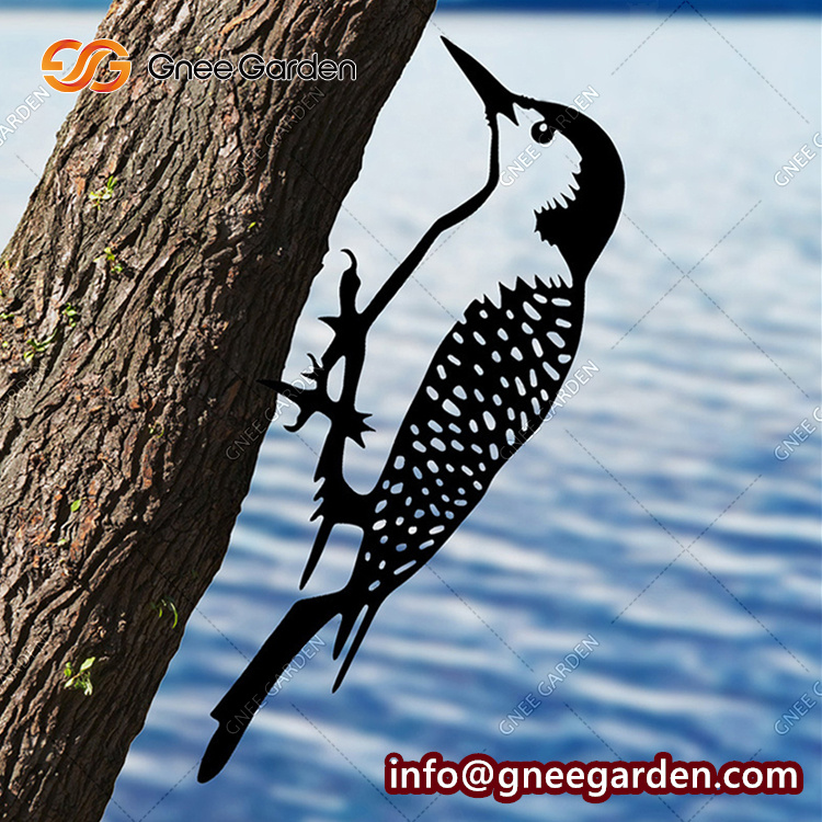 Woodpecker Metal Art Bird Statues Outdoor Garden Backyard Branch Animal Decoration Simulation Birds Silhouettes Ornament