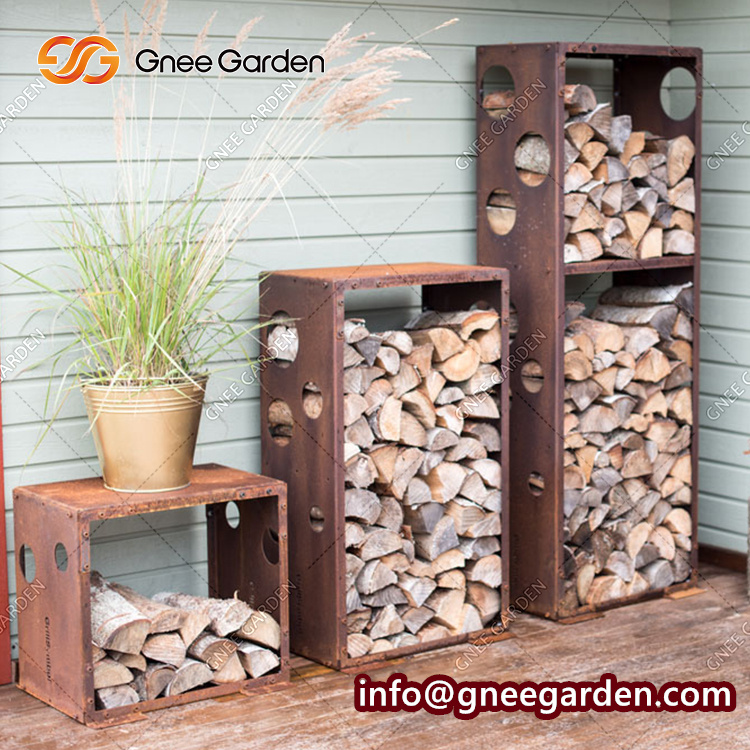 Outdoor Corten Steel Log Rack Holder Fireplace Folding Stacker Deck Metal Kindling Logs Storage