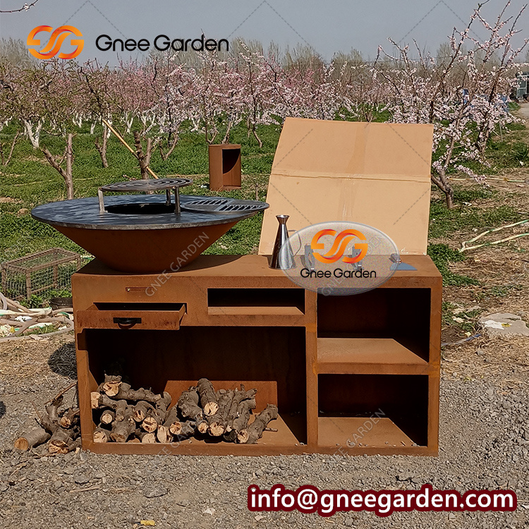 Outdoor Cooking Bbq Grill Corten Steel Fire Bowl With Grill Ring