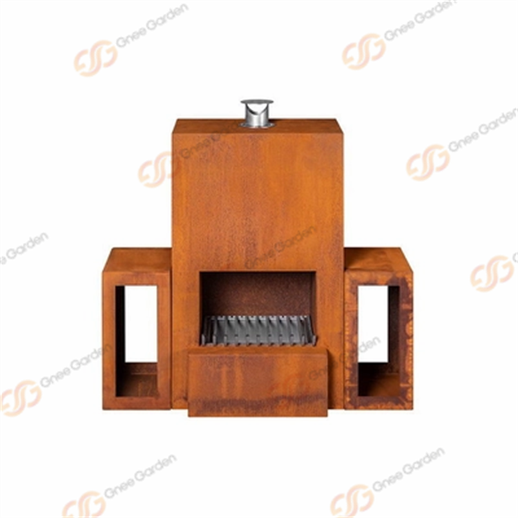 Custom Outdoor Freestanding Wood Burning Corten Steel Fireplace With Wood Storage