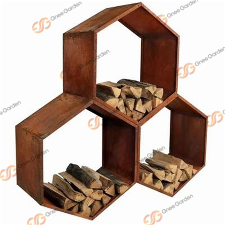 Heavy Duty Hexagon Rustic Corten Steel Honeycomb Firewood Storage Shelf Log Rack