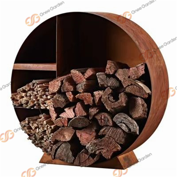 120cm Decorative Rustic Circular Log Store Corten Steel Firewood Holder Shelf