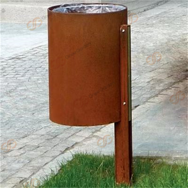 Outdoor Antique Looks Round Metal Litter Bins Corten Steel Decoration Urban Trash Can