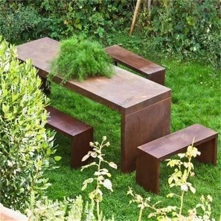 Natural Rusted Geometric Metal Furniture Corten Steel Decorative Outdoor Table With Bench Set