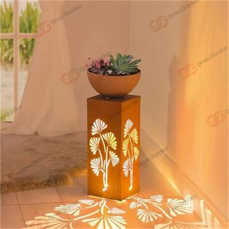 Outdoor Corten Steel Decorative Column Solar Light Box With Removable Plant Bowl