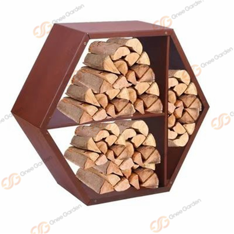 Outdoor Fireplace Hexagonal Wood Stacking Corten Steel Firewood Log Rack Shelf