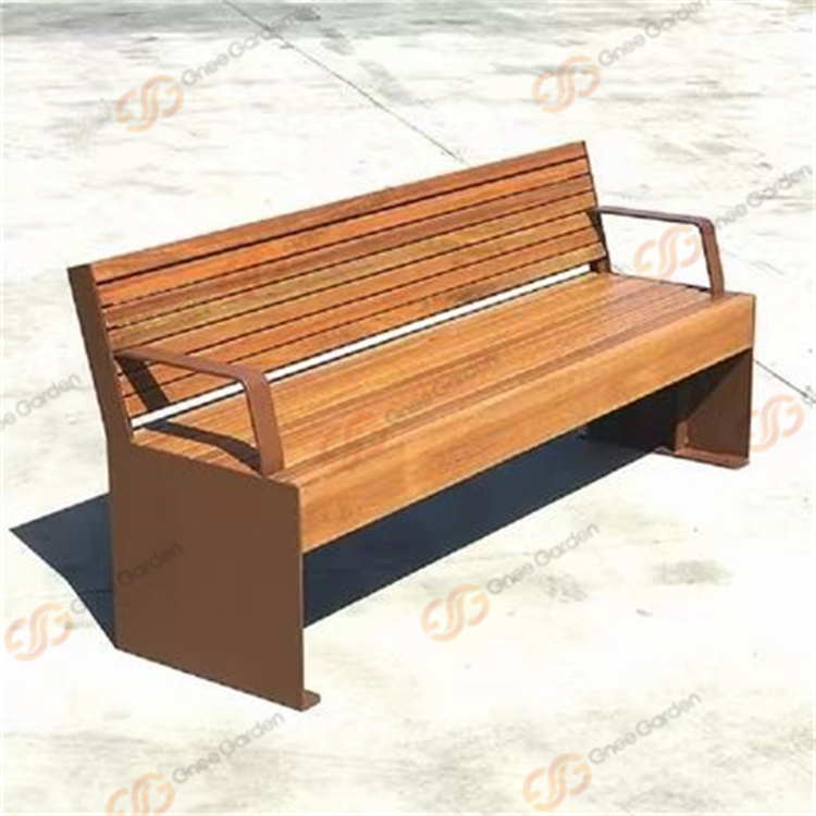 Contemporary Urban Street Rust Finish Corten Steel Decorative Bench With Wood Seat