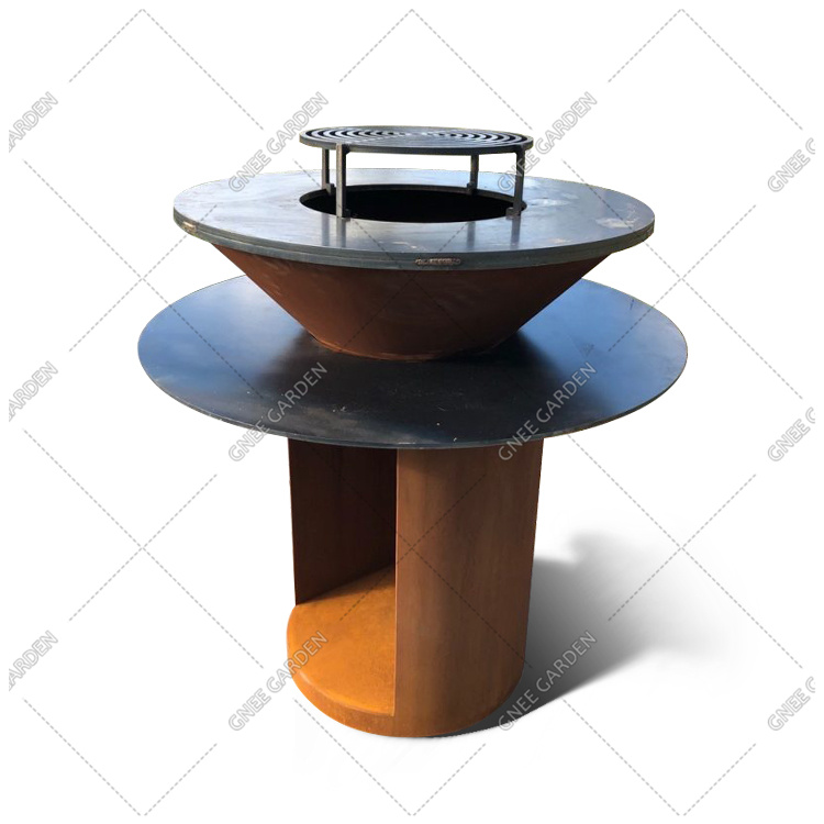 Outdoor corten steel fire pit BBQ with cooking grill