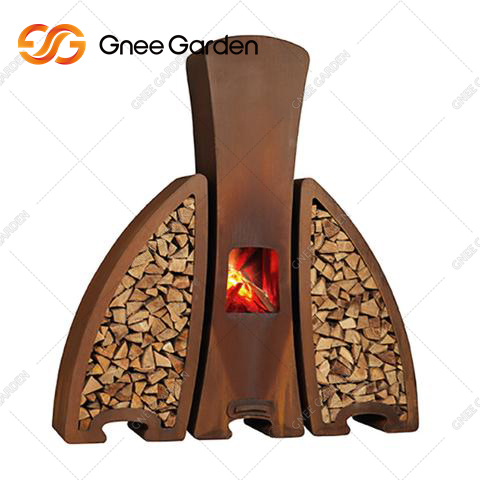 Corten Steel Outdoor Fireplace with Woodstorage